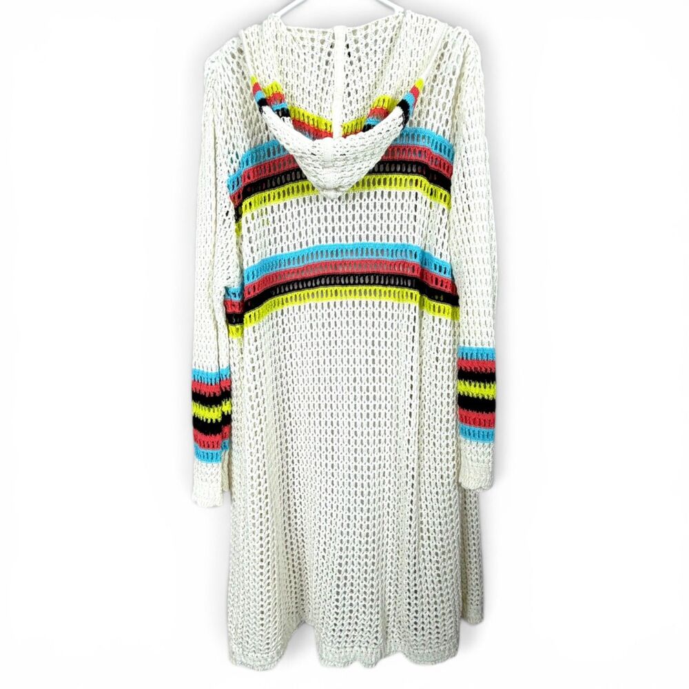 boho chunky crochet hooded duster cardigan coverup rainbow trim festival cozy xl